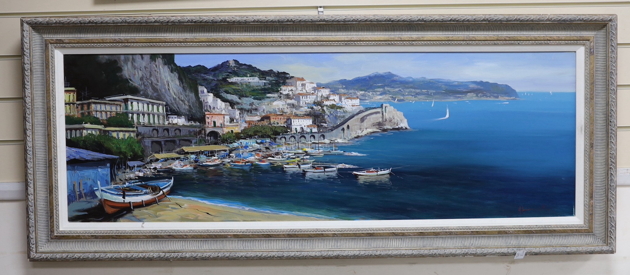 Neapolitan School, oil on canvas, View of Amalfi, indistinctly signed, 39 x 119cm